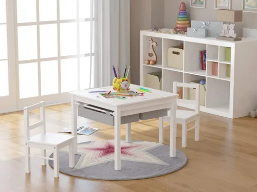 Miniatura 2 de UTEX Juego de mesa de actividades de construcción 2 en 1 de madera para niños y 2 sillas con cajones de almacenamiento, y placa integrada compatible