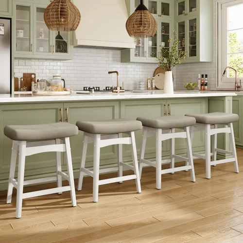 Miniatura 34 de MAISON ARTS Juego de 4 taburetes de bar grises para encimera de cocina, patas de madera maciza con asiento de silla de montar de piel sintética