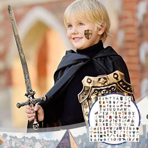 Miniatura 6 de 288 tatuajes temporales medievales de castillo de caballero, corona, castillos medievales, suministros de decoración para niños y adultos, disfraz