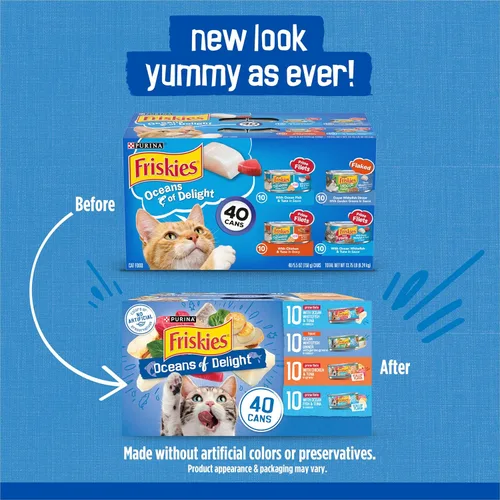 Miniatura 2 de Purina Friskies - Paquete variado de alimentos húmedos para gatos, Oceans of Delight en copos y filetes Prime (paquete de 40), latas de 5.5 onzas