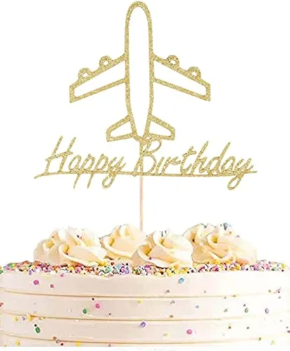 Decoración para pastel de avión, cartón dorado con purpurina, feliz cumpleaños, decoración de pastel de fiesta temática de avión, suministros de