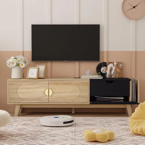 Miniatura 9 de Janmer Home Soporte de TV acanalado de 54 pulgadas con almacenamiento, consola de TV moderna de mediados de siglo con puertas correderas Tambour