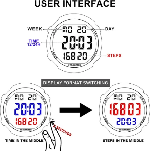 Miniatura 9 de Reloj podómetro para hombres para caminar, contador de pasos sin carga, sin conexión de aplicación, con retroiluminación EL. Opción simple y Azul