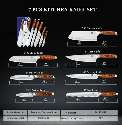 Miniatura 3 de MSY BIGSUNNY Juego de cuchillos de cocina de 7 piezas, acero inoxidable alemán para cuchillos de chef con mango de madera de Pakkawood, juego