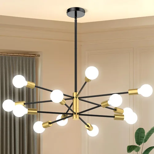 Miniatura 20 de Candelabros Sputnik Modernos para Comedor, Altura Ajustable Semi Empotrado Negro y Dorado Candelabro Lámpara de Techo Montaje 6 Luces Mediados