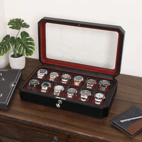 Miniatura 2 de ROTHWELL Caja de reloj de cuero con 12 ranuras, organizador de lujo para relojes, forro de microgamuza, soporte para relojes de joyería para hombre