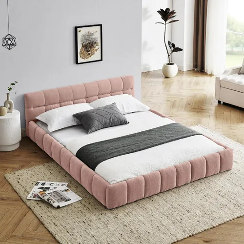 Miniatura 18 de Base de cama tapizada tamaño California King con tela de felpilla gruesa, cama de plataforma con cabecero copetudo, marco de madera maciza, diseño