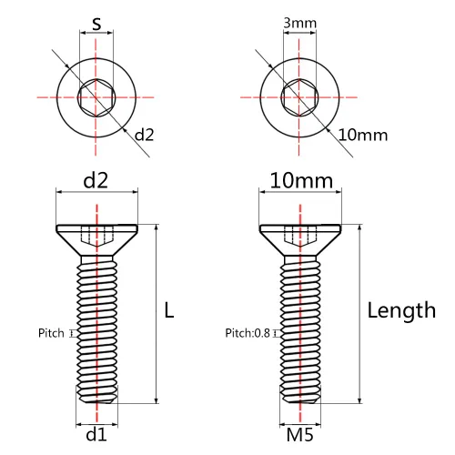 Miniatura 2 de Titanium Ti M5x10 12 15 20 0.984 in cabeza plana avellanada Tornillos hexagonales Tornillos de cabeza plana, paquete de 4 (M5x10mm, Negro)