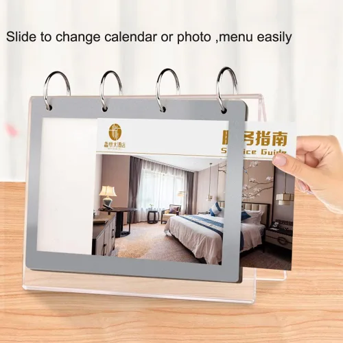 Miniatura 7 de Organizador de calendario acrílico, soporte de menú para fotos, escritorio de mesa, álbum abatible con pantalla de bolsillo de PVC, fotos