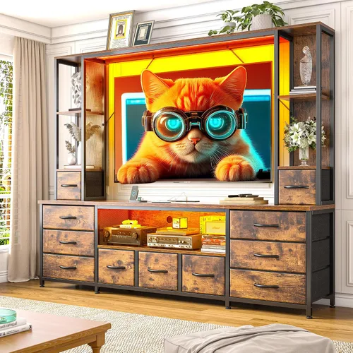 Miniatura 8 de EnHomee Soporte de TV de 65 pulgadas para sala de estar, gran centro de entretenimiento con 11 cajones de tela, 2 luces LED y tomas de corriente