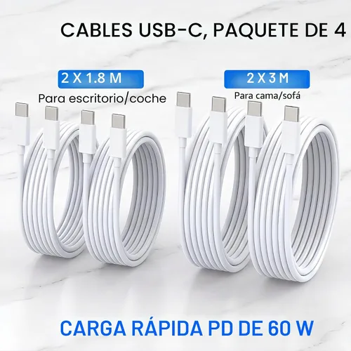 Miniatura 6 de Paquete de 4 [6 pies, 6 pies, 10 pies, 10 pies] Cable de carga rápida USB C a USB C de 60 W, para cable de carga de iPhone, cable de carga tipo C a