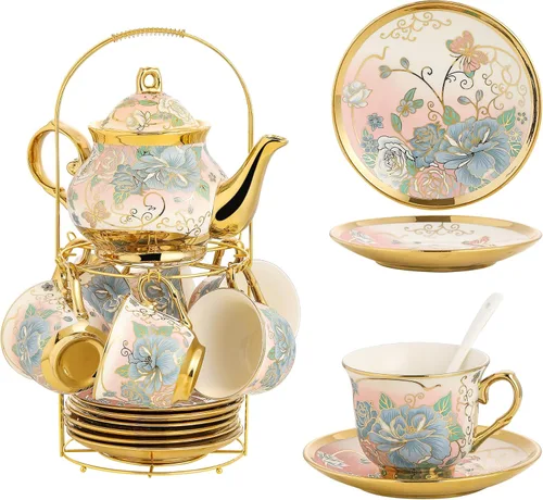 Miniatura 10 de Juego de té de cerámica europea de 20 piezas para adultos con soporte de metal y pintura de flores (versión crema grande)