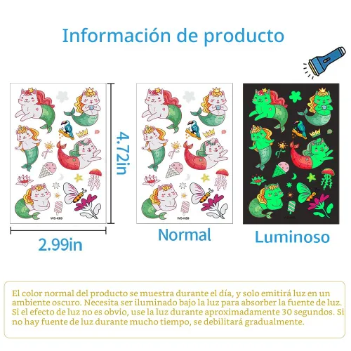 Miniatura 6 de Awinmay 310 piezas de tatuajes temporales luminosos para niños, estilos mixtos de tatuajes que brillan en la oscuridad para niños y niñas, pegatinas