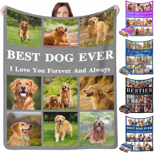InterestPrint Manta personalizada con texto fotográfico, 9 fotos, Best Dog Ever - Manta personalizada de franela polar para cumpleaños familiar, se