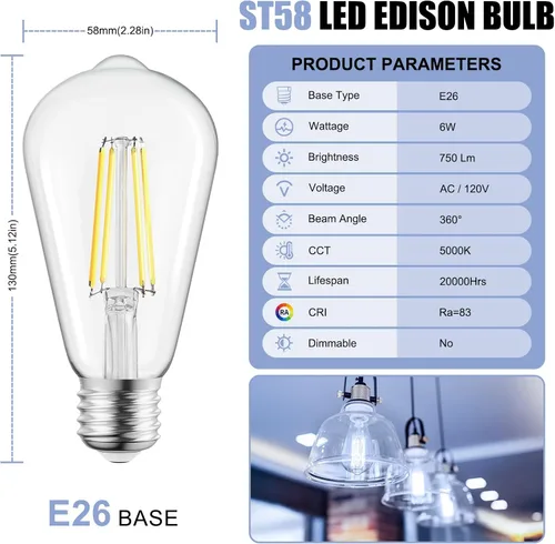 Miniatura 2 de Brightown Paquete de 4 bombillas LED Edison, 6 W, equivalente a 60 W, alto brillo blanco de 5000 K, 750 lúmenes, no regulables, bombillas de Blanco