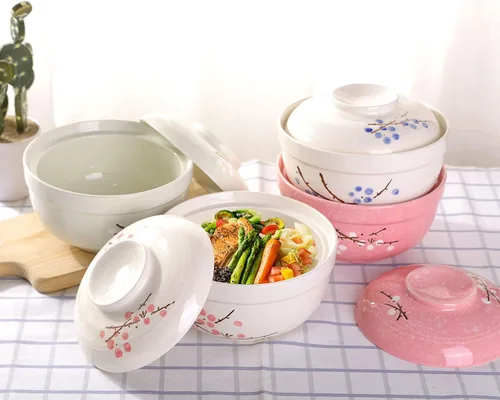 Miniatura 7 de WHJY Vajilla japonesa creativa de cerámica pintada a mano con tapa para sopa y fideos, con función de preservación del calor, cuenco y tapa azul