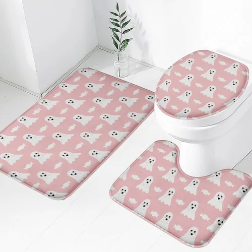 Miniatura 12 de Tapete de baño de 3 piezas de otoño con diseño de calabaza, color azul y verde, hojas de arce, cosecha, decoración de Acción de Gracias, juego