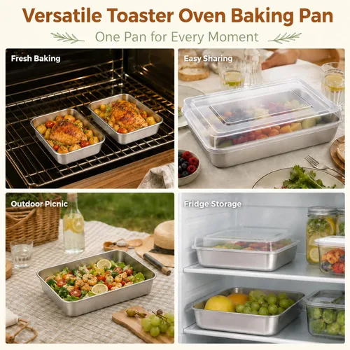 Miniatura 4 de E-far Molde para hornear pequeño con tapa, 9.4 x 7 x 2 pulgadas, moldes rectangulares de acero inoxidable para horno tostador, utensilios
