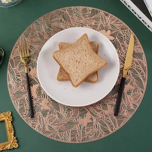 Miniatura 2 de 2/4/6pcs 38cm Round Hollow Heat Resistant Placemats, Gold Waterproof Non Slip PVC Table Mats for Hotel Restaurant, Home Kitchen (Gold, 4pcs-38cm)