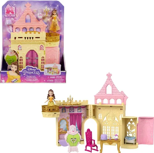 Mattel Disney Princess Toys, Belle - Casa de muñecas castillo apilable con pequeña muñeca Belle, 4 personajes amigos y 3 accesorios, portátil con asa