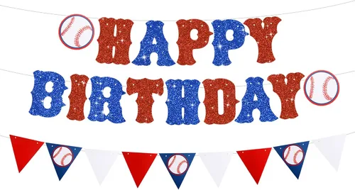 Miniatura 7 de Cartel de béisbol azul preencordado, 3 piezas, sin bricolaje, feliz cumpleaños, banderín triangular, decoración temática deportiva para baby shower