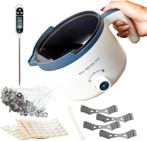 Ksedcon Derretidor de cera para hacer velas con termómetro, kit de olla eléctrica para derretir cera con mechas, juego de ollas dobles para hacer