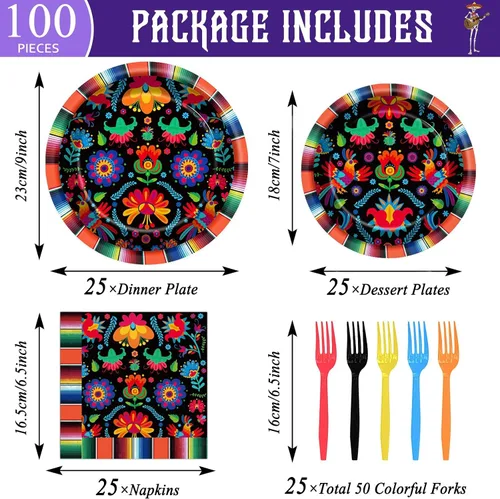 Miniatura 2 de 100 piezas de platos y servilletas para fiesta mexicana, suministros de fiesta Mayo México, vajilla mexicana, juego de vajilla, decoraciones