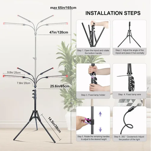 Miniatura 6 de FRGROW Luz de crecimiento de 4 cabezales con soporte para plantas altas de interior, árbol bonsái, lámparas brillantes de espectro completo