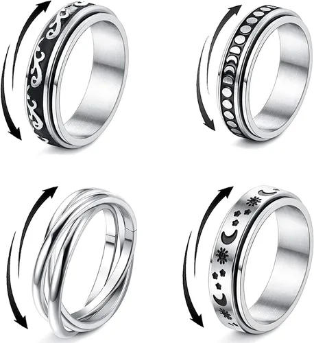 Jstyle Juego de 4 anillos de acero inoxidable para mujeres y hombres, anillos giratorios de flores, luna, estrella, anillos frescos para aliviar el