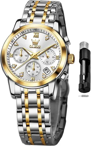 Miniatura 12 de OLEVS Reloj multifuncional de dos tonos para mujer, reloj analógico de cuarzo para mujer, de acero inoxidable, resistente al agua, con diamantes