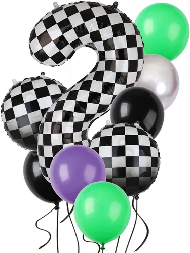 Miniatura 9 de Paquete de globos de auto de carreras azul y negro de 40 pulgadas, globo de números a cuadros 2 en blanco y negro, globos de látex para niños, dos
