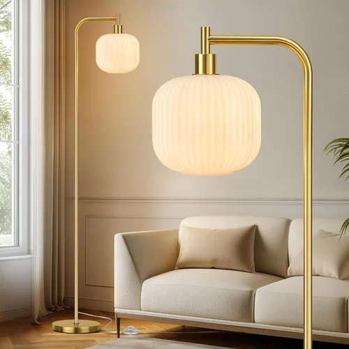 Miniatura 13 de QiMH Lámpara de pie de cristal para sala de estar, lámpara de pie moderna con pantalla de vidrio acanalado e interruptor de pedal, lámpara de 67
