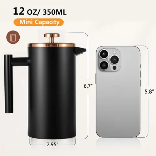 Miniatura 2 de Prensa Francesa Pequeña 350ml Negra, Prensa Francesa de Acero Inoxidable con Pared Doble Aislada para Viaje y Camping, Cafetera de Café Colado