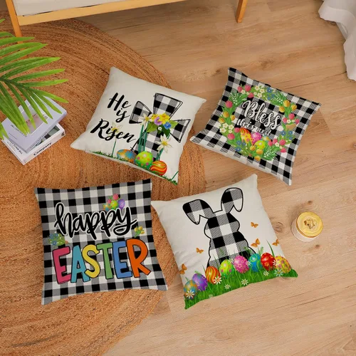 Miniatura 2 de Juego de 4 fundas de almohada de Pascua de 18 x 18 pulgadas, fundas de almohada decorativas de primavera, fundas de cojín para decoración de sofá al