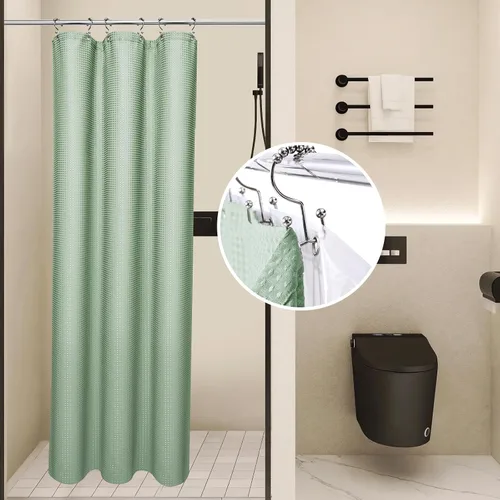 Miniatura 18 de LaCyan Cortina de ducha impermeable de punto gofre, juego de 3 piezas resistente de 258 GSM con forro transparente y 12 ganchos de acero inoxidable