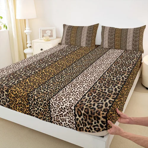 Miniatura 20 de Sábana bajera ajustable con estampado de leopardo, tamaño individual, juego de ropa de cama rústica con rayas de piel de cebra, decoración