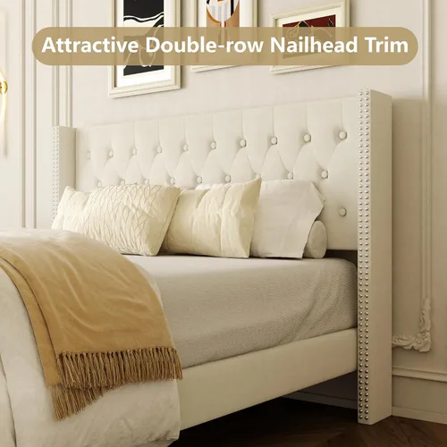 Miniatura 3 de HAOARA Base de cama de tamaño matrimonial, plataforma tapizada con cabecera con respaldo de ala, botón de terciopelo, fácil montaje, no necesita