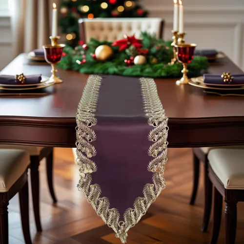 Miniatura 7 de DECOZEN Camino de Mesa Navideño Dorado con Ciruela – Bufanda Decorativa Bordada para Comedor y Tocador para Mesas Navideñas, Bodas y Fiestas – 14 x