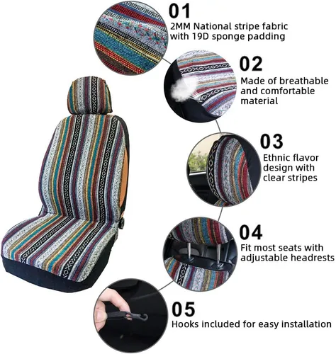Miniatura 5 de Funda de Asiento de Coche Manta Baja Saddle 4PCS Delantera a Rayas Multicolor, Funda de Asiento Hippie Boho de Ajuste Universal para Toyota, Honda