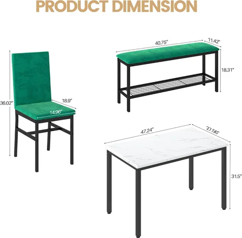 Miniatura 6 de YOFE Juego de mesa de comedor para 4, mesa de cocina de mármol sintético, juego de sillas de mesa de cocina con sillas de terciopelo, banco con red