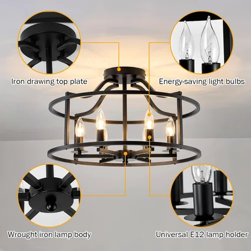 Miniatura 3 de UOFUS Lámpara de techo negra de 6 luces de metal para comedor, moderna, industrial, semiempotrada, para cocina, isla, dormitorio, entrada, pasillo