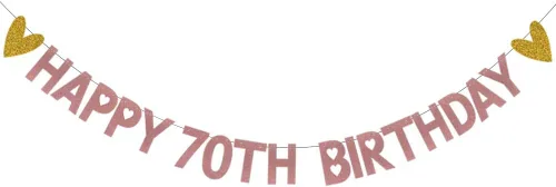 Cartel de feliz cumpleaños 70, pre-encordado, papel de oro rosa con purpurina, decoraciones de fiesta para 70 años, suministros de fiesta de