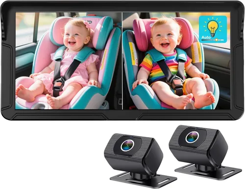 Rohent Cámara dual para automóvil de bebé para 2 niños: pantalla dividida HD de 6.9 pulgadas con brillo automático Cámara de asiento trasero de