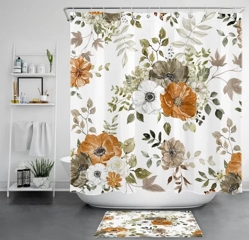 Miniatura 10 de LB Cortina de ducha floral de otoño, flores silvestres blancas y naranjas y hojas de arce gris sobre tela beige con ganchos, juego de baño botánico