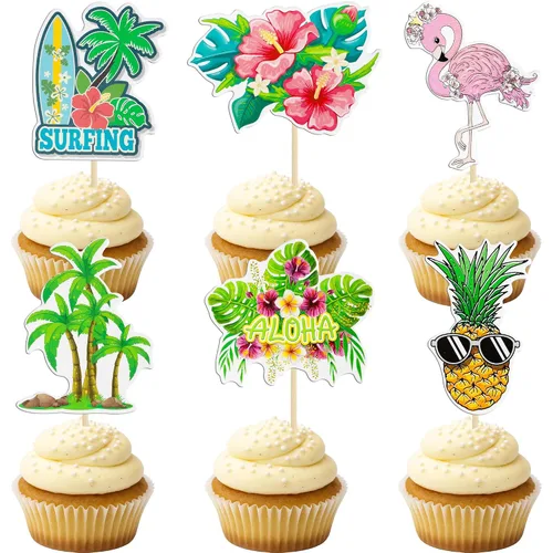 Miniatura 9 de Gyufise 1 pieza de decoración de pastel de feliz cumpleaños tropical hawaiano Luau pastel Pick Glitter Flamingo Flower Plam Leave Pineapple Cake