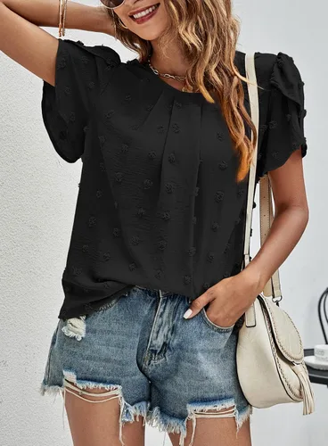 Miniatura 3 de Beaully Blusas de verano para mujer, estilo bohemio, de manga corta, cuello redondo, encaje de ganchillo, blusas de gasa