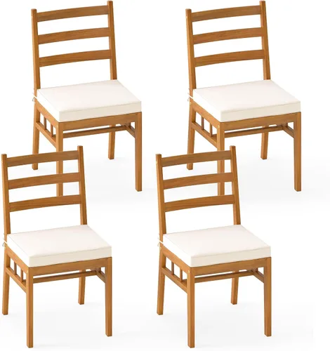 Tangkula Juego de 4 sillas de patio de madera de acacia, sillas de comedor al aire libre con cojines de asiento acolchados, fundas lavables,