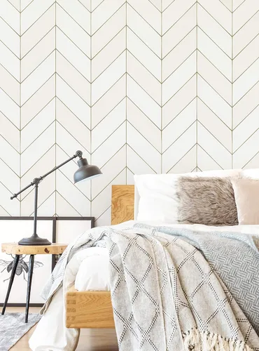 Miniatura 3 de Simple Shapes Gold Lines - Papel tapiz de vinilo Chevron para despegar y pegar (hoja individual, 2 x 9 pies, color blanco hueso)