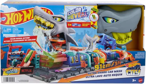 Miniatura 8 de Hot Wheels Juego de pistas de ciudad, lavado de autos Ultra Shark con vehículo de juguete de revelación de color a escala 1:64, función de cambio