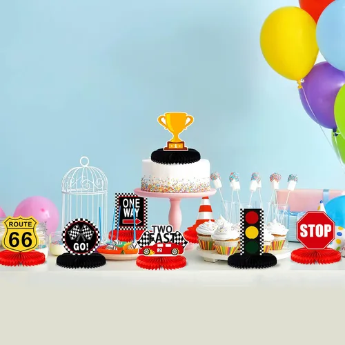 Miniatura 6 de LINGTEER Race Car Two Fast Birthday Table Honeycomb Centros de mesa – 9 piezas Let's Go Racing Happy 2nd Birthday Party Decoración de mesa